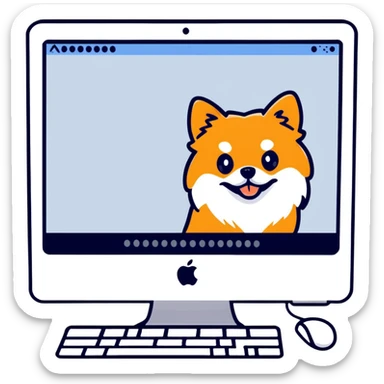 iMac monitor with a Pomeranian dog photo displayed on screen sticker