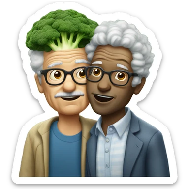 man with broccoli hair and glasses kissing an elderly man sticker