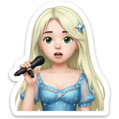 billie eilish is singing, holding mirco and twinkle dresss, white long hair sticker