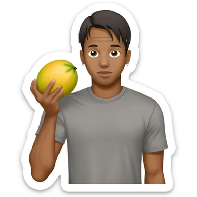 travis Scott in gray t-shirt holding a pomelo sticker