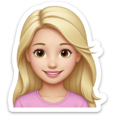 a cute woman like a barbie is smiling, her hair is long, blonde and half ponytail, her eyes color are brown and the color of her lip is soft pink sticker