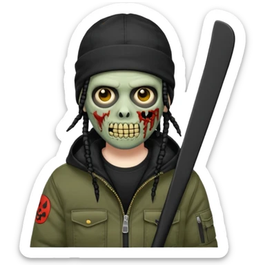 a zombie emoji with black dreads and a black carheartt jacket and black nike ski mask on his head sticker
