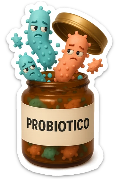 EMOJI STILE IPHONE DI UN barattolo di PROBIOTICI con la scritta "PROBIOTICO" SULL'ETICHETTA APERTO DA CUI ALL'INTERNO ESCONO BATTERI INTESTINALI TURCHESI E ROSA SALMONE CON ESPRESSIONE DUBBIOSA IN VOLTO, IPERREALISTICO 4K sticker