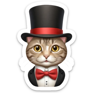Grey tabby cat in top hat and bow tie sticker
