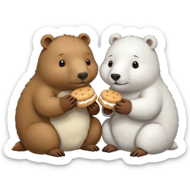 small capybara and a snow bear eating biscuits with each other sticker
