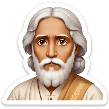 Rabindranath Tagore – Cinematic Realistic Portrait of Rabindranath Tagore, depicted with thoughtful, soulful eyes and gentle features, dressed in traditional Bengali attire with subtle artistic motifs, bathed in warm, soft lighting that evokes his poetic genius and timeless wisdom. sticker