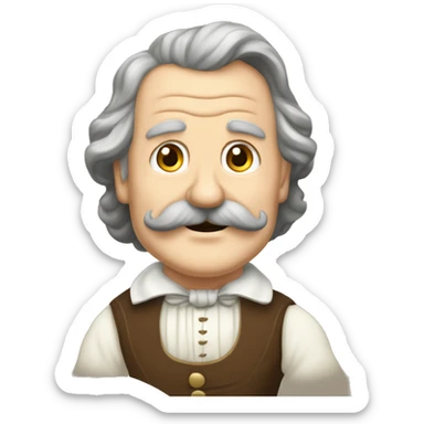 Short pudgy old man over enthusiastic happy excited face bald forehead long wavy gray and brown brunette long wavy hair moustache Shakespearean dress vintage clothes hamlet small arms sticker
