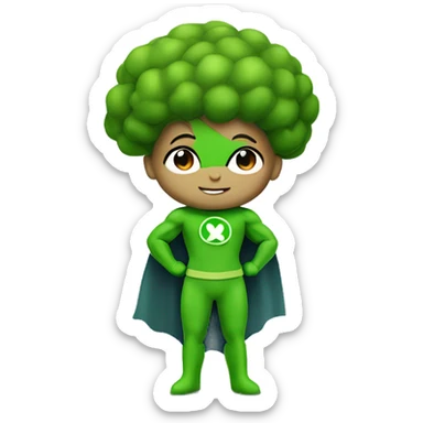 cute mini superhero with green clothes and a broccoli as hair,  full body saying hello sticker
