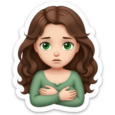 Sad Girl with curled brown long length hair and dark green eyes with belly ache sticker