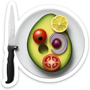 cut vegetables ( avocado , tomato , red onion ,lemon )   on the dark wood kitchen desk by knife .Do it very beautifully  sticker