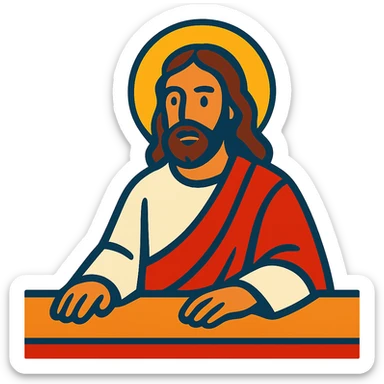 vibrant toon style Jesus sitting at a table sticker