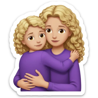 a mother with blond curly long wearing purple hugging his son with brown hair and like saying its okay sticker