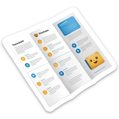 tri-fold brochure opened, with simple layout lines and image placeholders. sticker