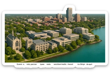 cinematic realistic emoji of Evanston, Illinois, panoramic cityscape with Northwestern University campus, Lake Michigan, downtown Evanston, iconic university buildings, lifelike detail, accurate colors, bright daylight, no sky, no clouds, transparent background sticker