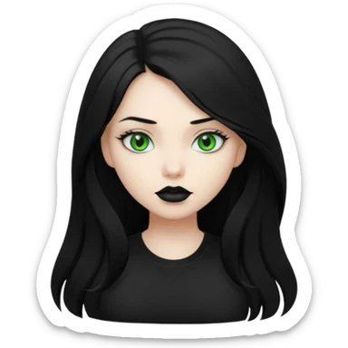 Black haired girl, green eyes, black lipstick, white skin, black t shirt, sharp face, long hair sticker