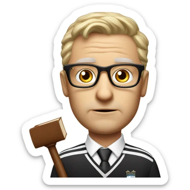 Boring white male, glasses, old, with a book, judges hammer, Liverpool football team supporter sticker