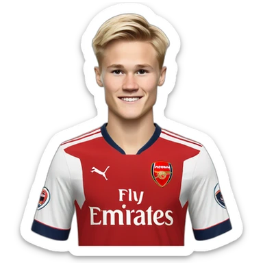 Martin Odegaard celebrates wearing an Arsenal shirt sticker