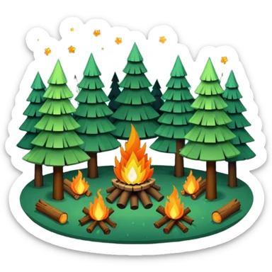 pixelates art of a forest at night, with a campfire in the center. there are tall and short trees. sticker