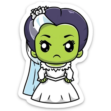 Bride of Frankenstein with tall black and white hair and stitches on face sticker