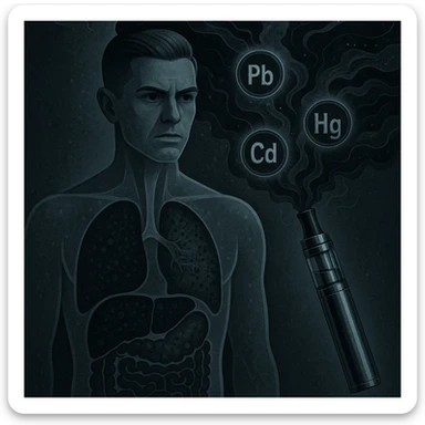 A stylized and unsettling electronic cigarette releasing dark metallic smoke filled with toxic particles. Within the smoke, symbols of heavy metals (Pb, Hg, Cd) travel towards a transparent human body. Inside the body, the liver and intestines appear blackened or visibly clogged. The atmosphere is dark, medical-symbolic style with cold metallic colors, conveying a strong and disturbing visual message. The face is inspired by the reference photo provided. sticker