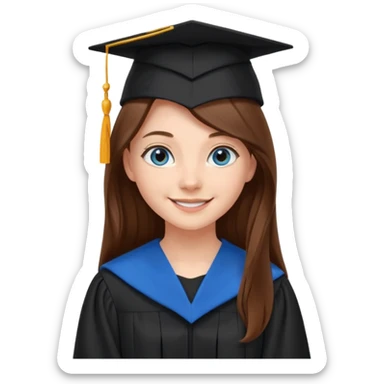 school graduation with a pretty female graduating student with long brown hair, blue eyes sticker