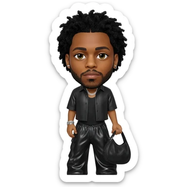 The Weeknd with black hair, black metallic shirt, black metallic baggy pants, silver necklace sticker