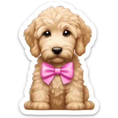 Goldendoodle puppy with a pink bow sticker