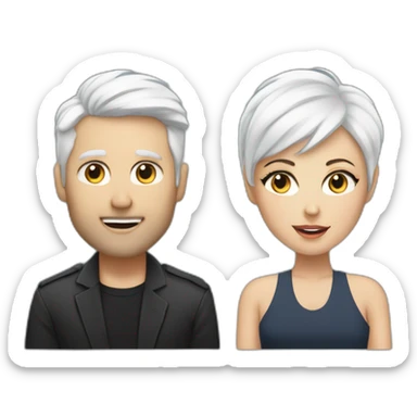 White man with dark hair next to a white woman with very short white hair, podcasting with mics and a MacBook sticker