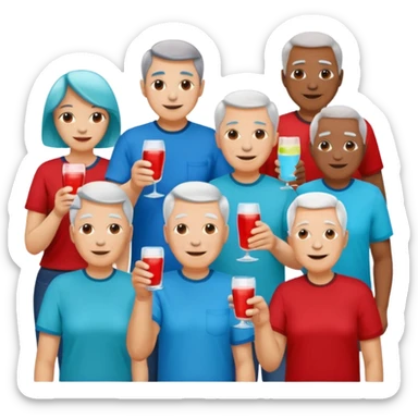 A room packed with adults and seniors in casual clothing with red, aqua and blue shirts, some with drinks, chatting at an afterwork meeting sticker