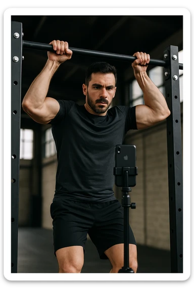 uomo che fa Muscle up e si sta filmando davanti con il telefonino per vedere la sua posizione dei gomiti e delle mani sulla sbarra sticker