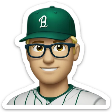 baseball card character. Blonde male. Short hair with glasses. Dark green uniform with hat. Blue eyes and a cobra snake logo on the hat with a C logo sticker