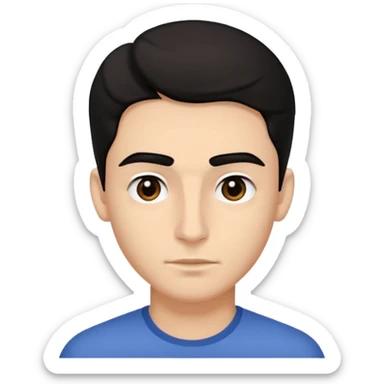 emoji a medio cuarpo, de un joven, con cejas gruesas, nariz medio grande, hombros anchos, sin sonrisa, hombros anchos, cabello medio ondulado con un corte juvenil, cabello negro. ojos negros. sticker