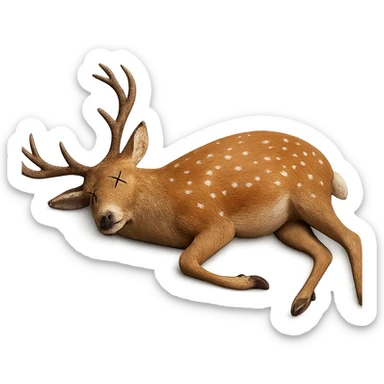 Make the deer appear dead, lying on its side with cartoon X's for eyes, no blood, keep the exact same photorealistic style and details, transparent background. sticker
