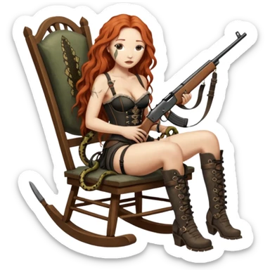 cinematic realistic ultra HD very old and tired Tori Amos casually crouches on a rocking chair in a torn corset, holding a double-barreled rifle and with muddy feet. a big snake wrapped itself around the chair sticker