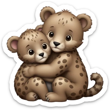 brown bear cub hugs gray puma sticker