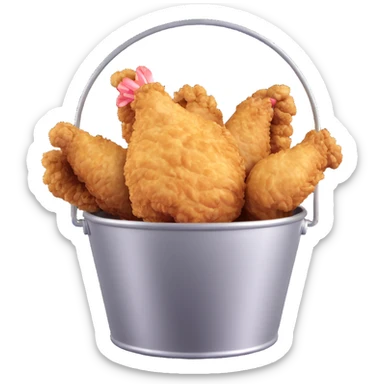crispy fried chicken, golden-brown with light texture detail, in a silver steel bucket sticker