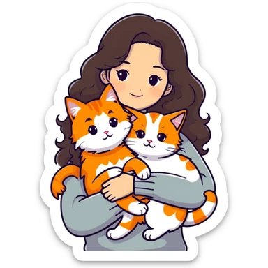 a girl with long dark brown curly hair, wearing a white sweater, hugging an orange cat, a grey Maine Coon, and a white cat with spots, sticker style sticker