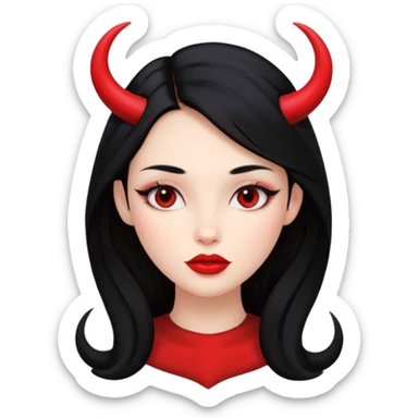 A girl's face with cheekbones, red skin, long black hair, small red horns, big lips sticker