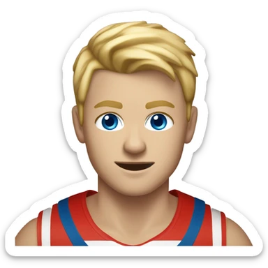 A drummer playing drums in a fully red basketball top, blonde highlighted hair, blue eyes and he’s 15 years old  sticker