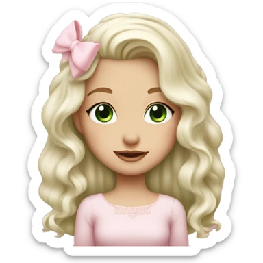 pale blonde girl with long platinum white wavy hair with bright green eyes and wearing a light pink hair bow  sticker