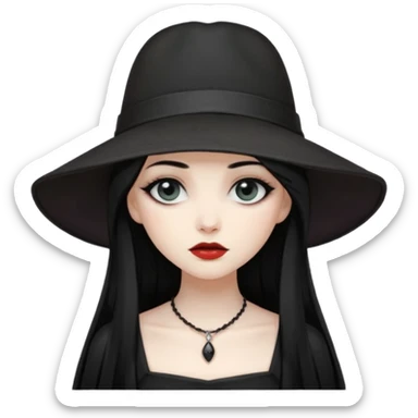 Female Goth with Wide-Brim Hat
 Long straight black hair, white skin, black dress, wide hat casting shadow over eyes. sticker