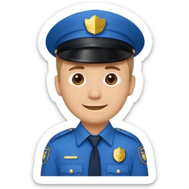 policeman emoji, blue uniform collar and badge visible, head and shoulders only, no cap/hat/headwear, flat emoji style, centered, bold outline, minimal detail, plain background sticker