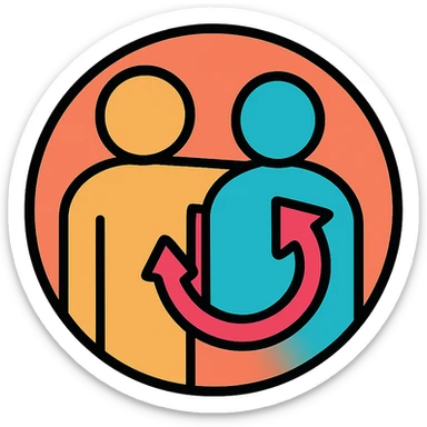 mentorship and retention icon, circular design with two interlocking figures, conveying partnership and long-term connection, modern, approachable sticker