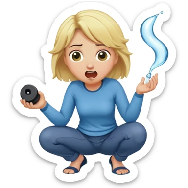 round-faced blond woman kneeling, shocked, playful cartoon stick with D-shaped knob and exaggerated features coming from trousers in front of her face, water jet into her mouth sticker