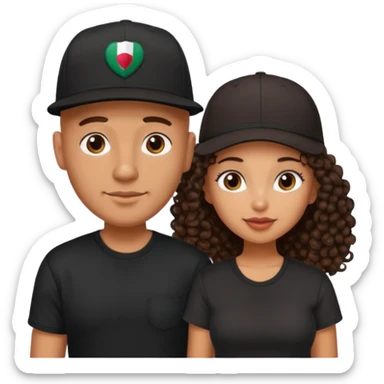 A picture of a cute tanned couple. the man is Mexican, with a bald hair cut wearing a SnapBack hat and a black shirt. the woman is mixed, she has curly longer dark brown hair, thicker and with big boobs  sticker