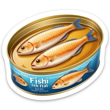 oval metal tin slightly open revealing firm light brown fish fillets packed in oil with soft sheen and visible grain shallow can with rolled edge typical of preserved fish packaging no fork herbs or label just opened tin and fish soft lighting subtle shadows emoji scale sticker