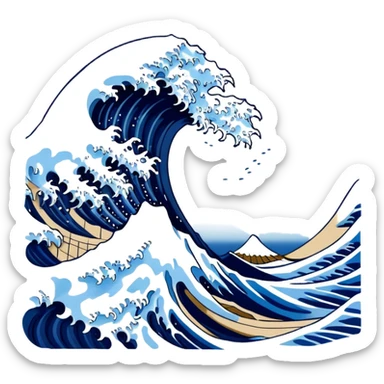 Cinematic Realistic Great Wave off Kanagawa, depicted as a colossal, crashing wave with dynamic blue hues and frothy white crests, rendered with intricate textures and fluid motion that captures both the timeless power and poetic beauty of the iconic Japanese artwork sticker