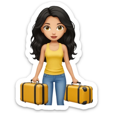 a pretty bratz dusky girl with long wavy black hair in a yellow tank top with a black suitcase at an airport sticker