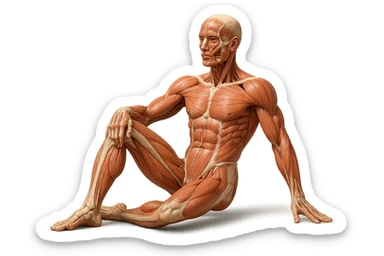 CORPO UMANO ANATOMICO REALISTICO CHE SVOLGE UN ESERCIZIO DI MOBILITà ALLE ANCHE, iperrealistico 4k sticker