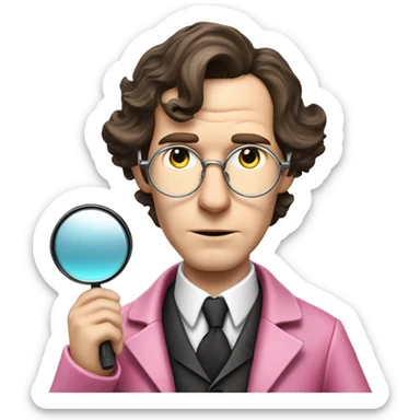 Benedict Cumberbatch-like Sherlock Holmes all in all intensive pink suit holding magnifying glass, upper body sticker